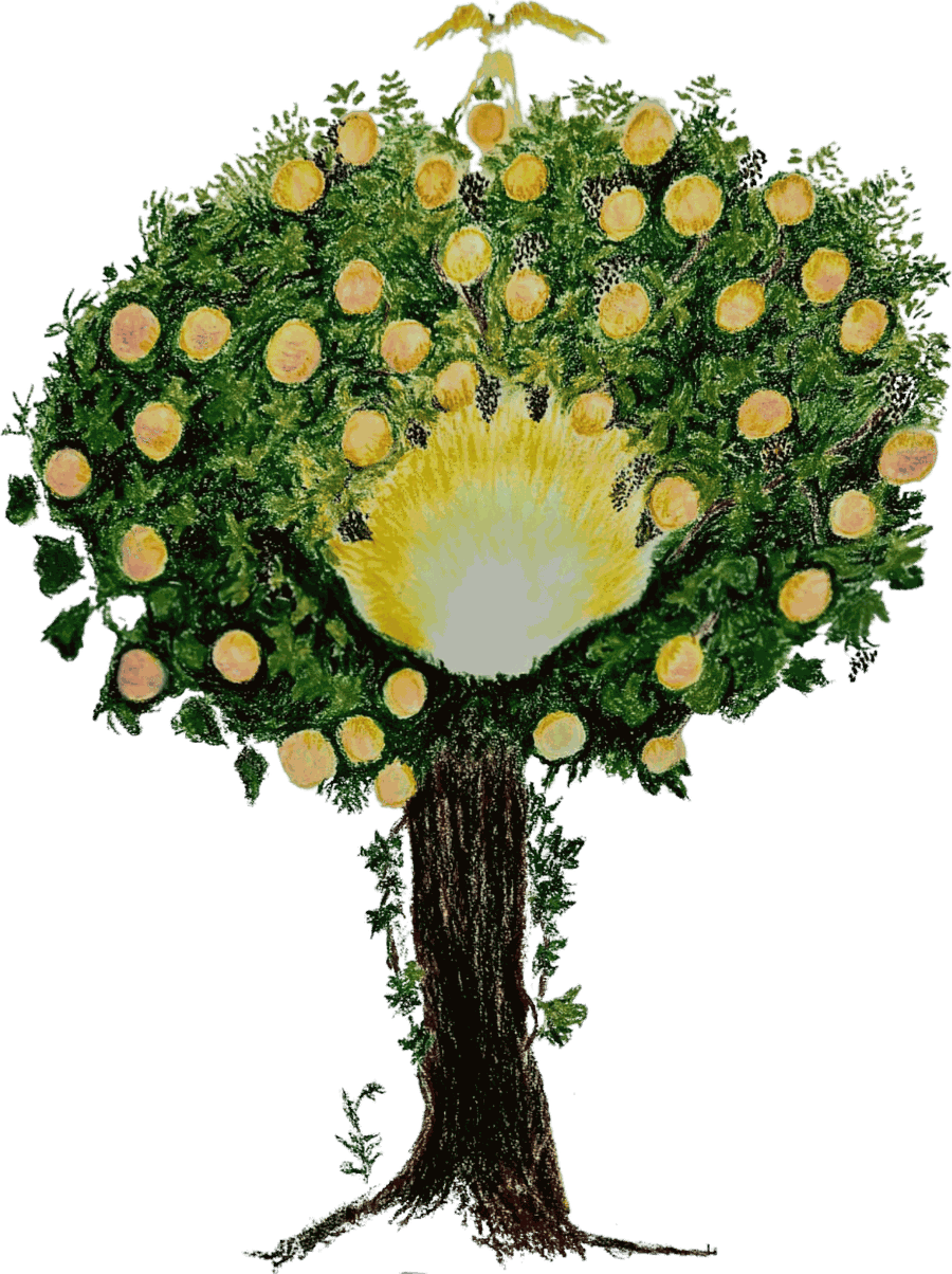 A tree in full leaf, its fruit golden, a radiance at the heart of the crown and a bird in flight above.
